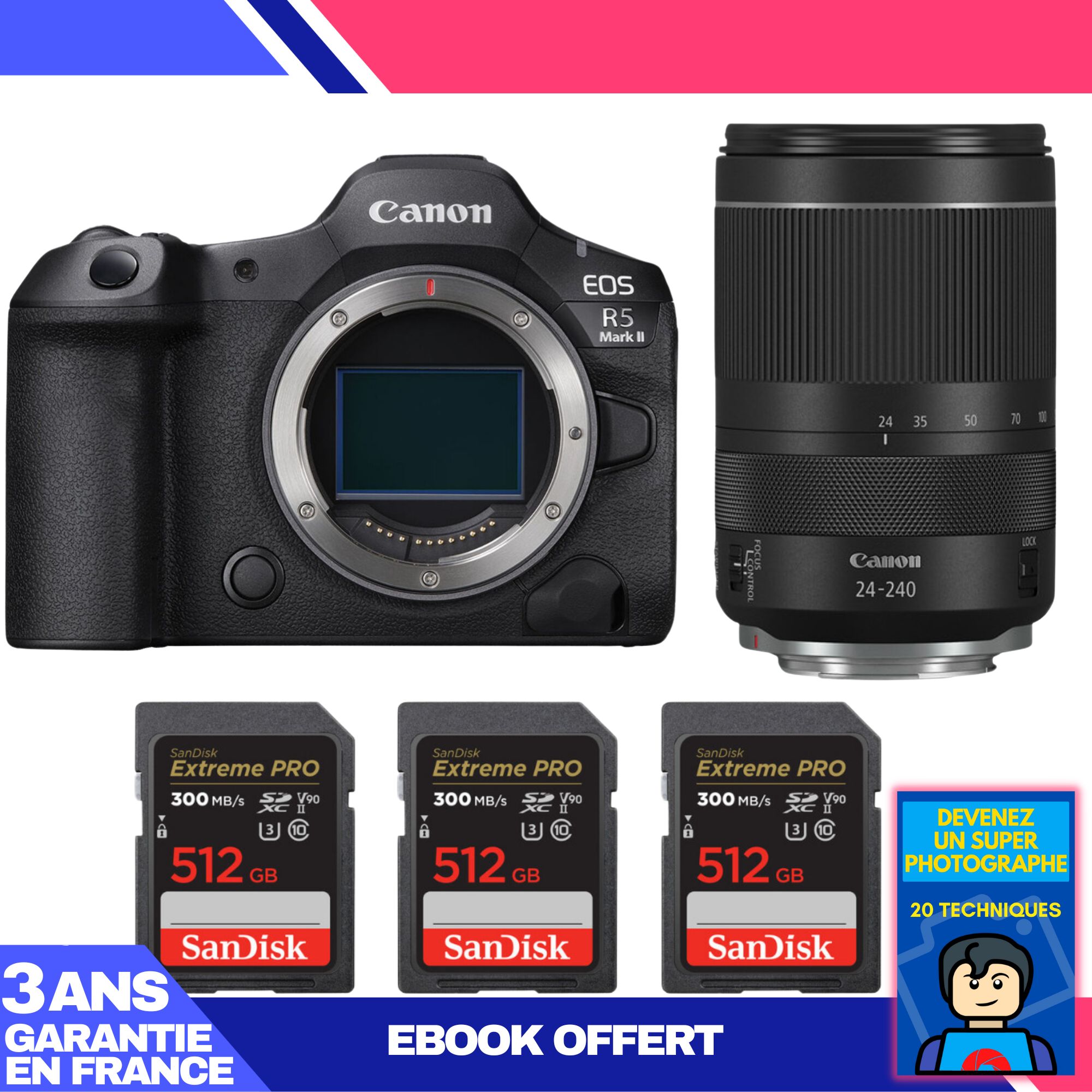 Kit Canon EOS R5 Mark II avec objectif RF 24-240mm f/4-6.3 IS USM + 3 cartes SDXC Sandisk 512Go Extreme PRO UHS-II 300 Mo/s