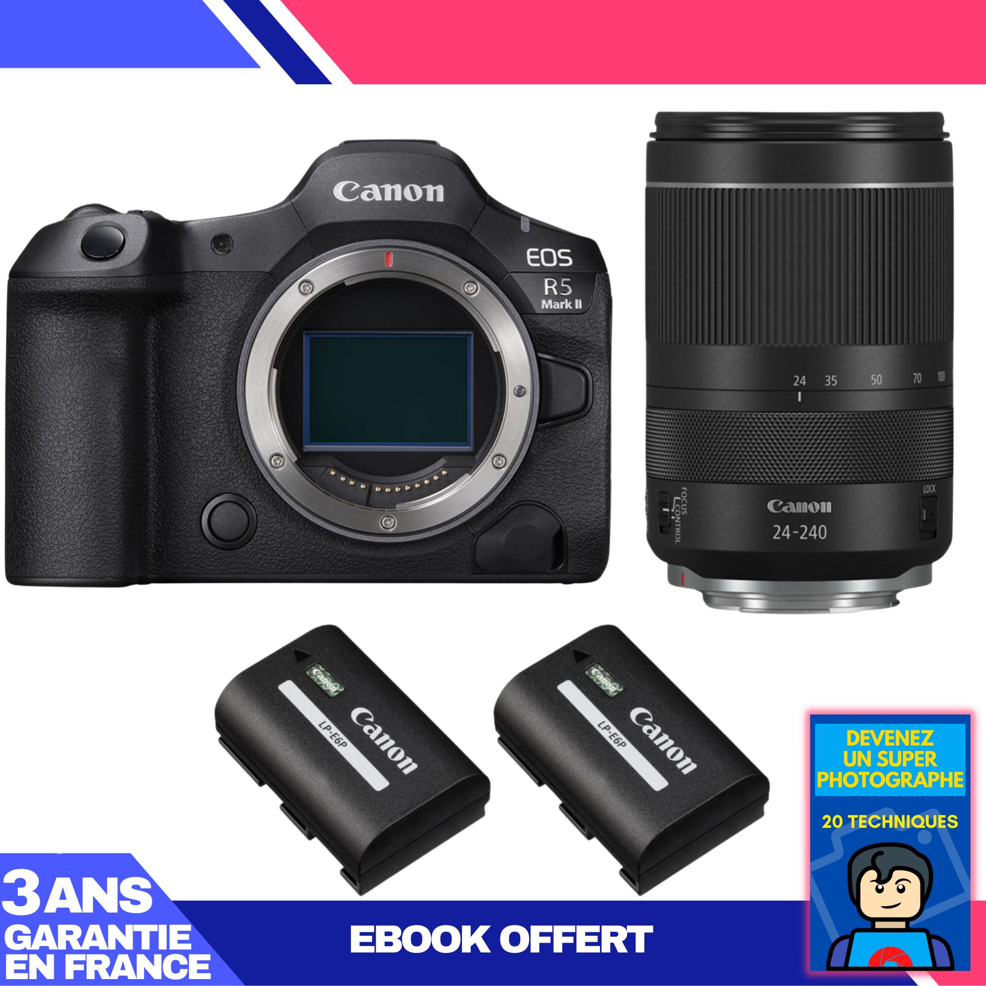 Kit Canon EOS R5 Mark II avec objectif RF 24-240mm f/4-6.3 IS USM + 2 batteries LP-E6P + ebook 'Devenez un super photographe'