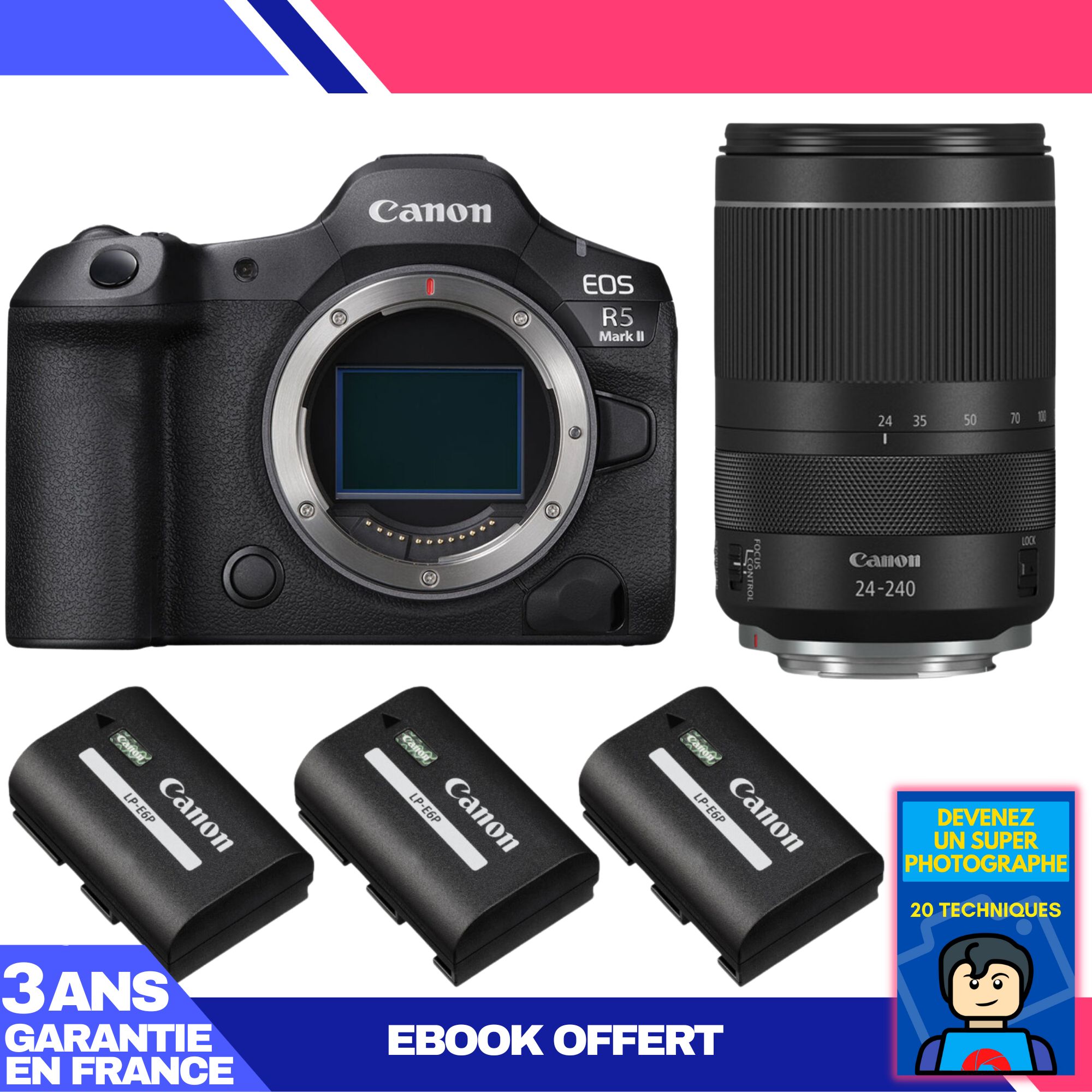 Kit Canon EOS R5 Mark II avec objectif RF 24-240mm f/4-6.3 IS USM + 3 batteries LP-E6P + ebook 'Devenez un super photographe'