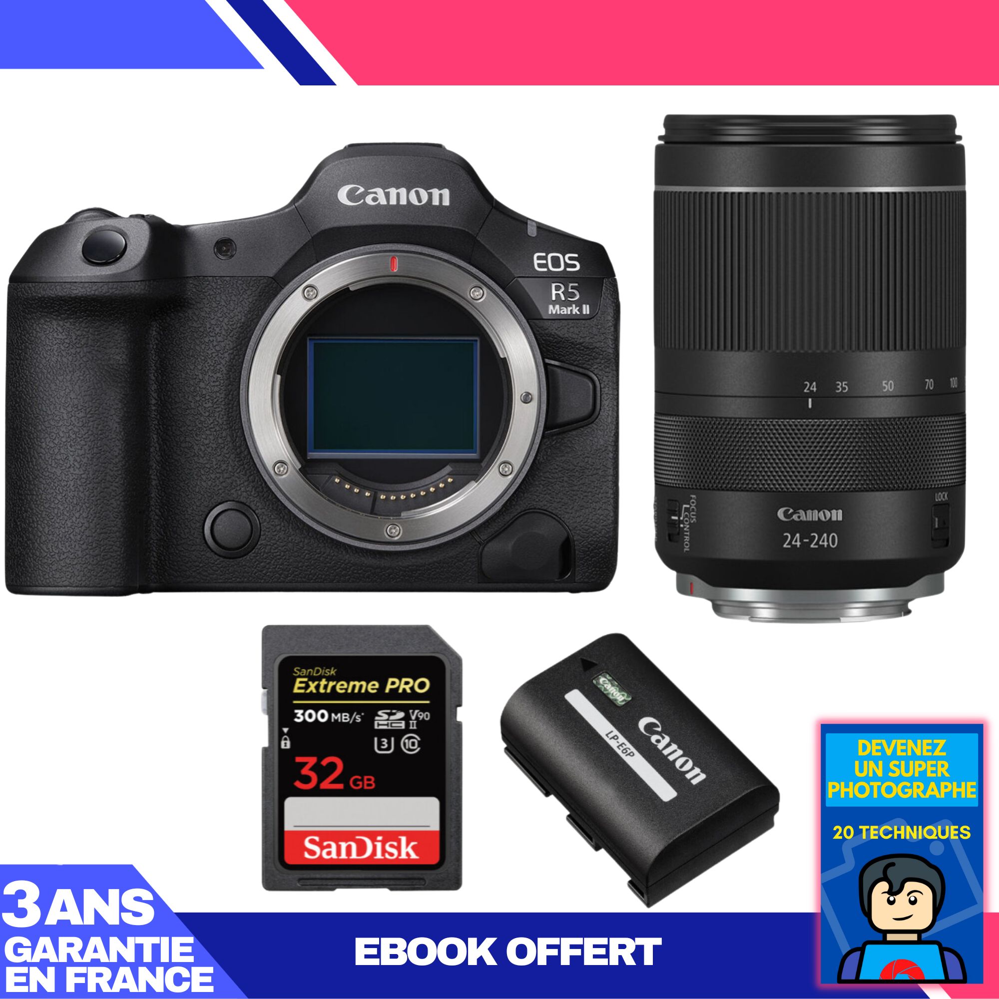 Canon EOS R5 Mark II Camera Kit with RF 24-240mm f/4-6.3 IS USM Lens + SanDisk 32GB Extreme PRO UHS-II SDXC Memory Card + Canon LP-E6P Battery + 'Become a Super Photographer' Ebook