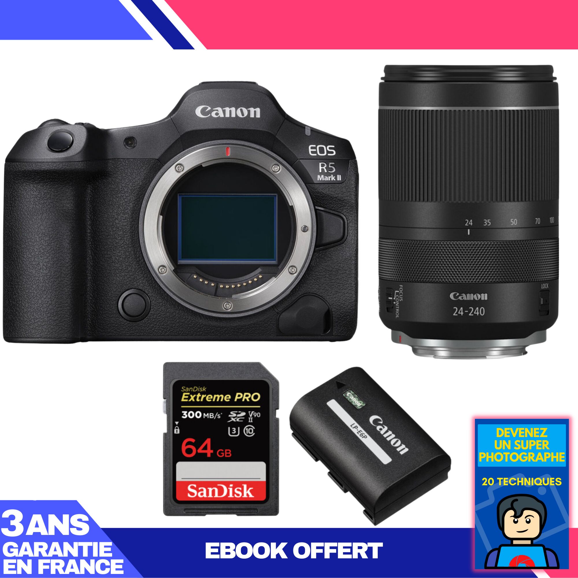 Canon EOS R5 Mark II Camera Kit with RF 24-240mm f/4-6.3 IS USM Lens + 1 SanDisk 64GB Extreme PRO UHS-II SDXC Card + 1 Canon LP-E6P