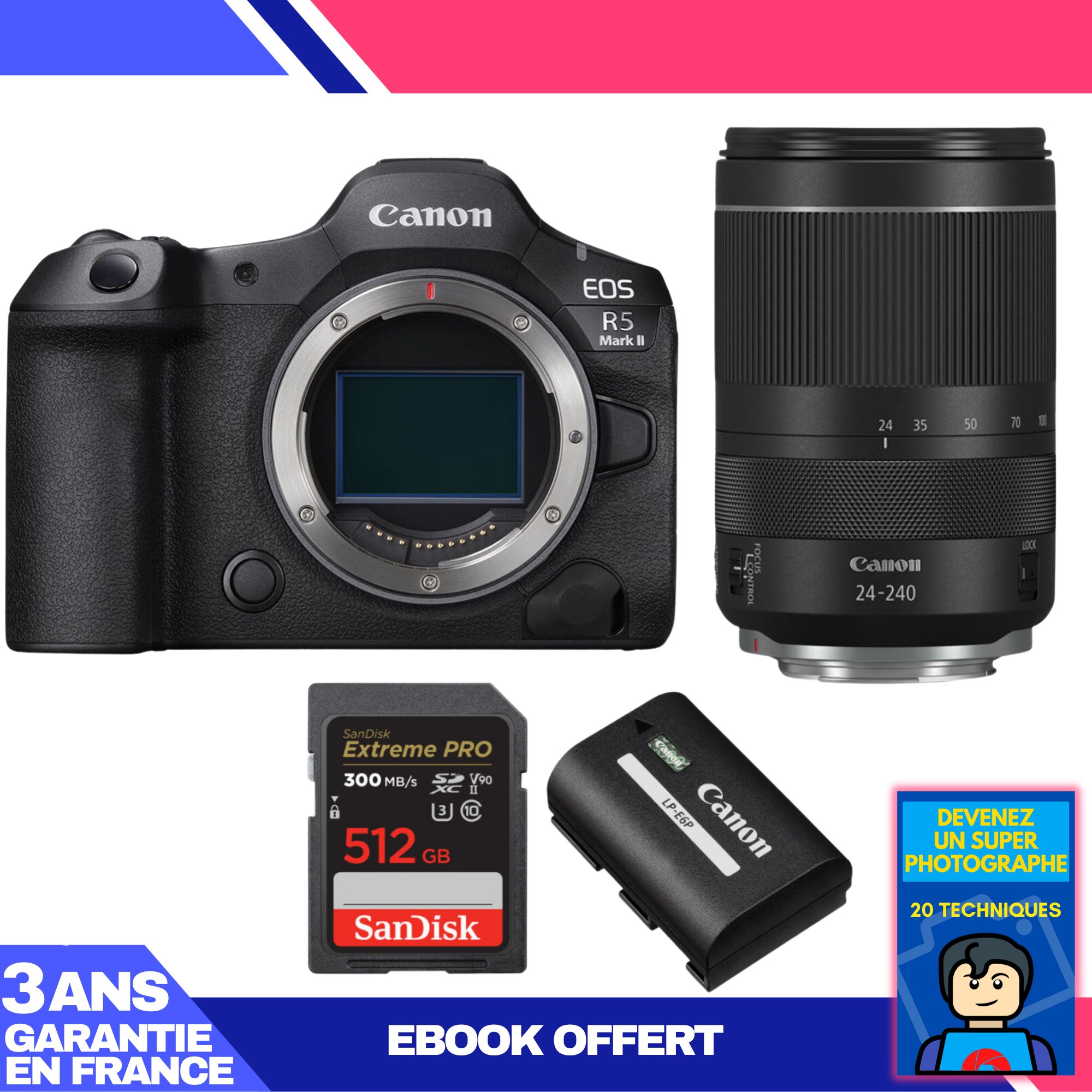 Canon EOS R5 Mark II Camera Kit with RF 24-240mm f/4-6.3 IS USM Lens + SanDisk 512GB Extreme PRO UHS-II SDXC Card + Canon LP-E6P Battery + Ebook