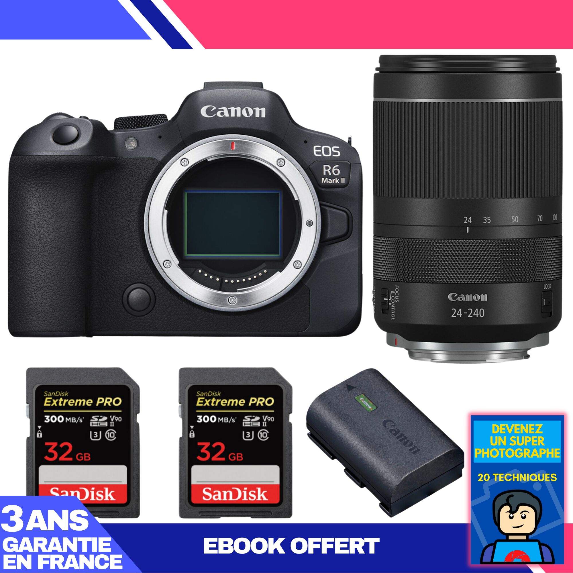Canon EOS R6 Mark II Camera + RF 24-240mm f/4-6.3 IS USM Lens + 2 SanDisk 32GB Extreme PRO UHS-II SDXC Memory Cards + Canon LP-E6NH Battery + 'Become a Super Photographer' Ebook