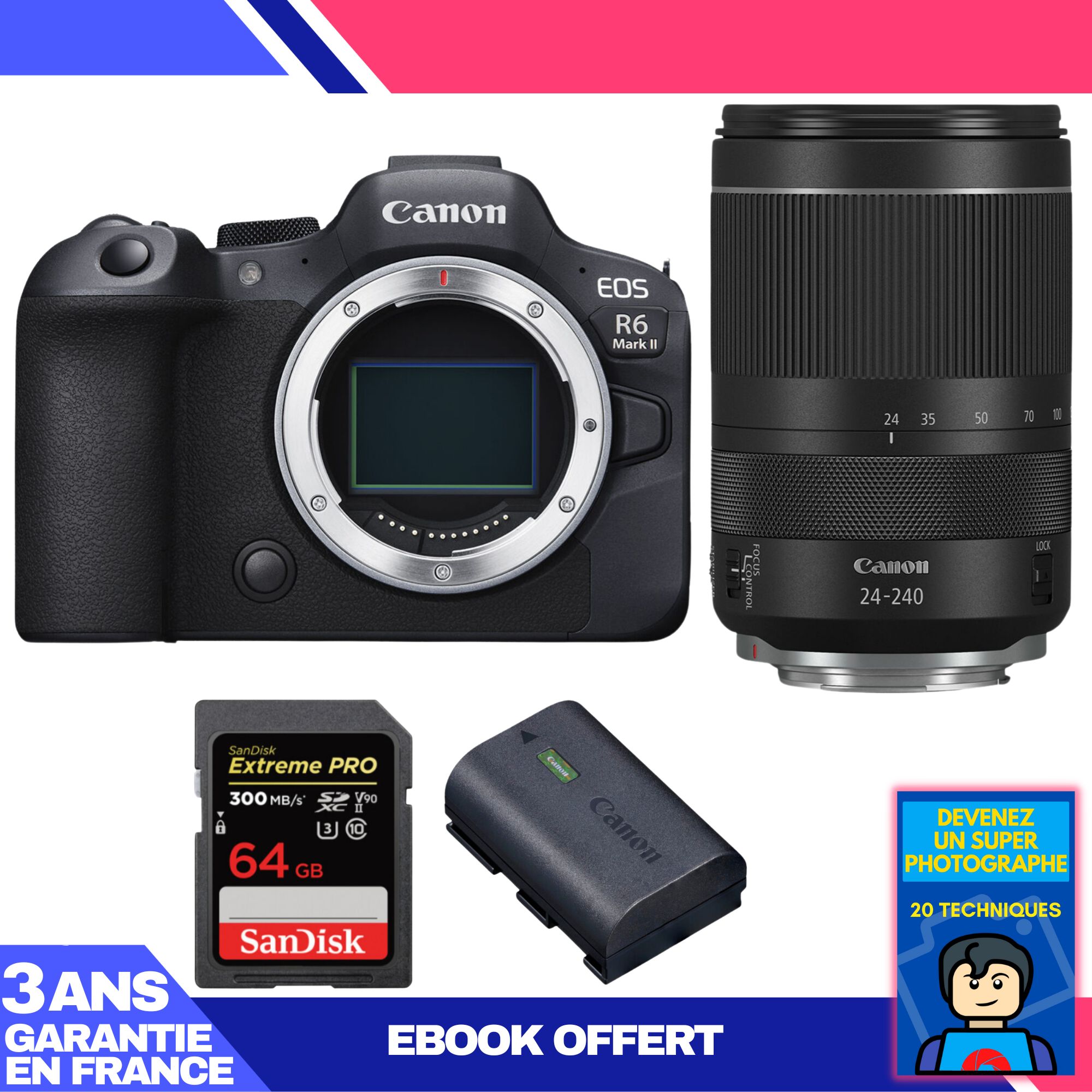 Canon EOS R6 Mark II + RF 24-240mm f/4-6.3 IS USM Lens + 1x 64GB SanDisk Extreme PRO UHS-II SDXC Card + 1x Canon LP-E6NH Battery + 'Become a Super Photographer' Ebook