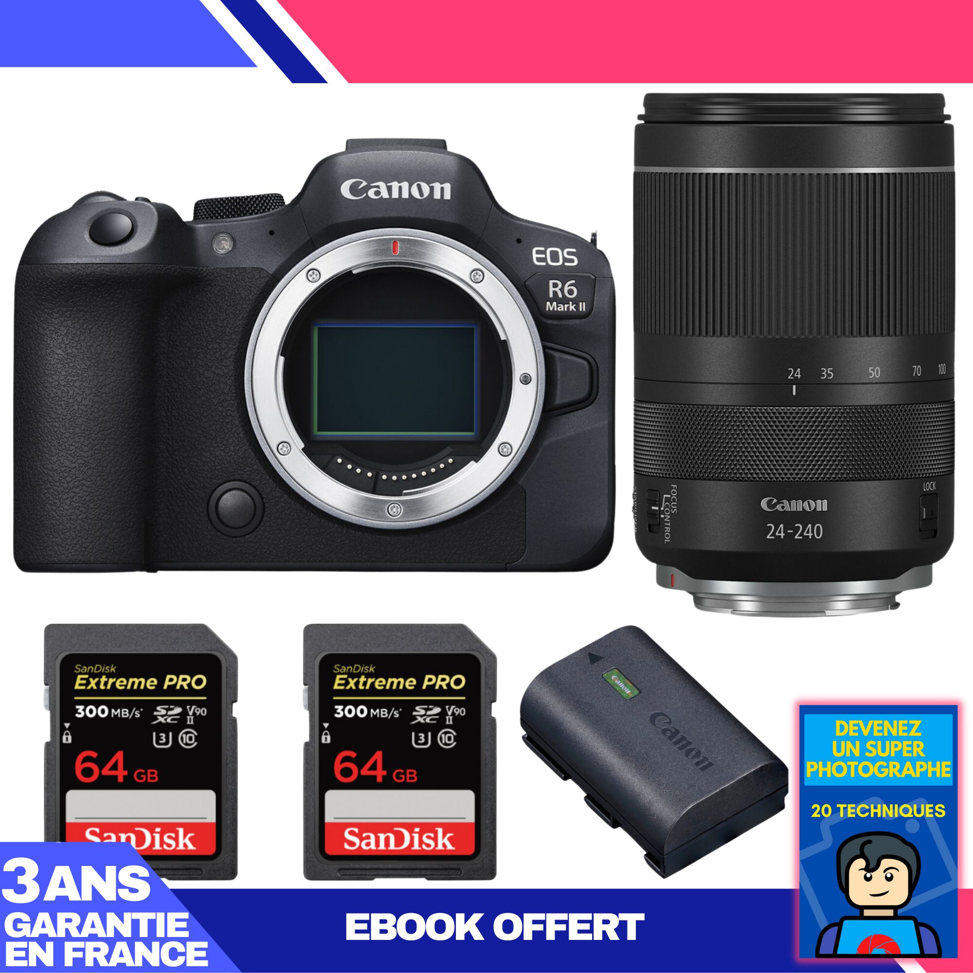 Canon EOS R6 Mark II + RF 24-240mm f/4-6.3 IS USM Lens + 2 SanDisk 64GB Extreme PRO UHS-II SDXC Cards + Canon LP-E6NH Battery + 'Become a Super Photographer' Ebook