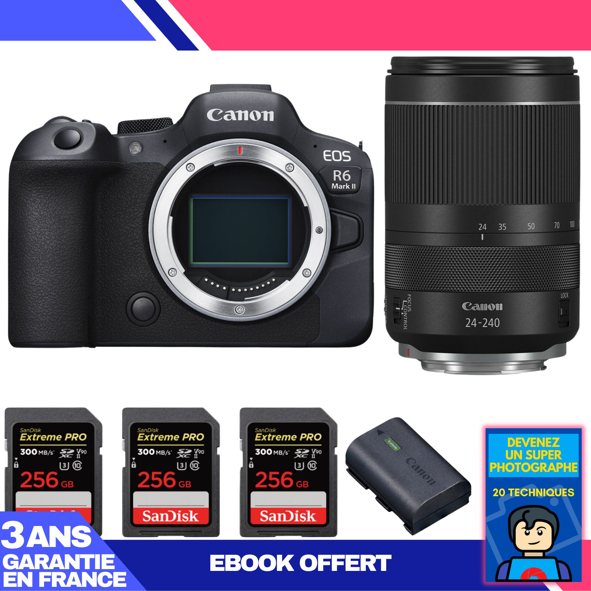 Canon EOS R6 Mark II + Objectif RF 24-240mm f/4-6.3 IS USM + 3 Cartes SanDisk 256 Go Extreme PRO UHS-II SDXC + Batterie Canon LP-E6NH + Guide 'Devenez un Super Photographe'