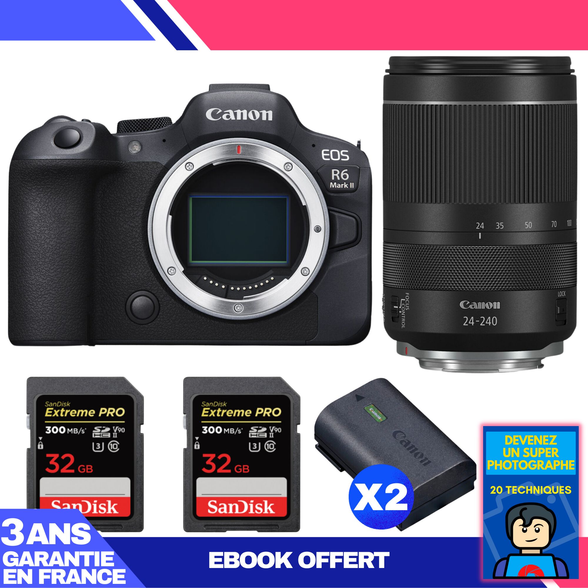 Canon EOS R6 Mark II + RF 24-240mm f/4-6.3 IS USM Lens + 2 SanDisk 32GB Extreme PRO UHS-II SDXC Cards + 2 Canon LP-E6NH Batteries + 'Become a Super Photographer' Ebook