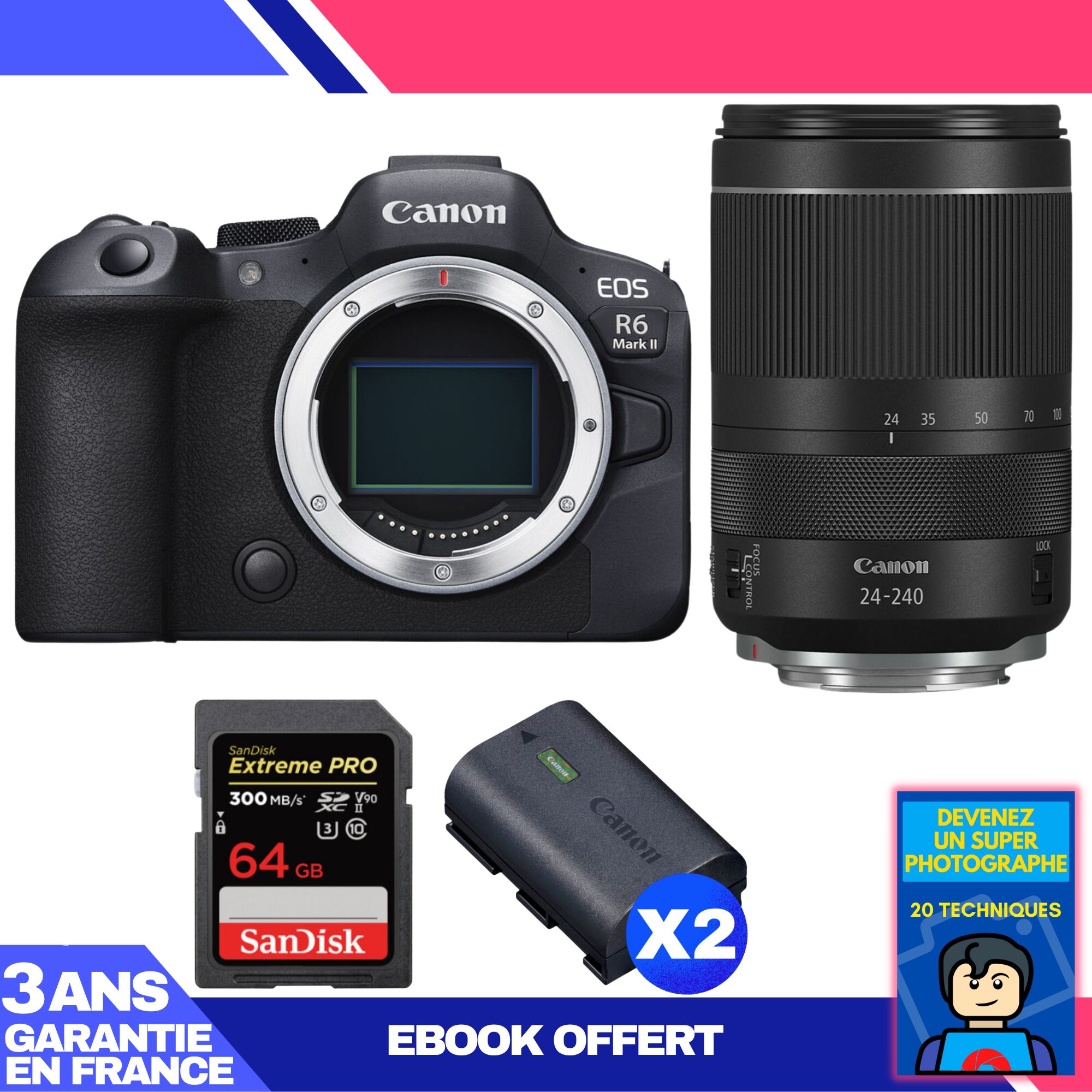 Canon EOS R6 Mark II + RF 24-240mm f/4-6.3 IS USM Lens + 1 SanDisk 64GB Extreme PRO UHS-II SDXC Card + 2 Canon LP-E6NH Batteries + 'Become a Super Photographer' Ebook