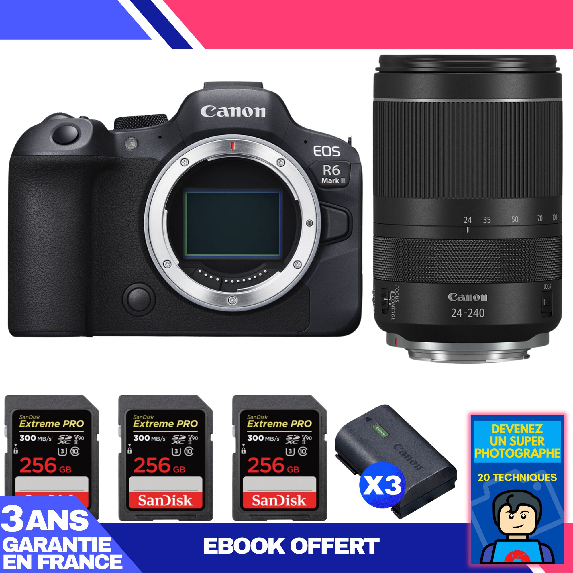 Canon EOS R6 Mark II + RF 24-240mm f/4-6.3 IS USM Lens + 3 SanDisk 256GB Extreme PRO UHS-II SDXC Cards + 3 Canon LP-E6NH Batteries + Ebook 'Become a Super Photographer'