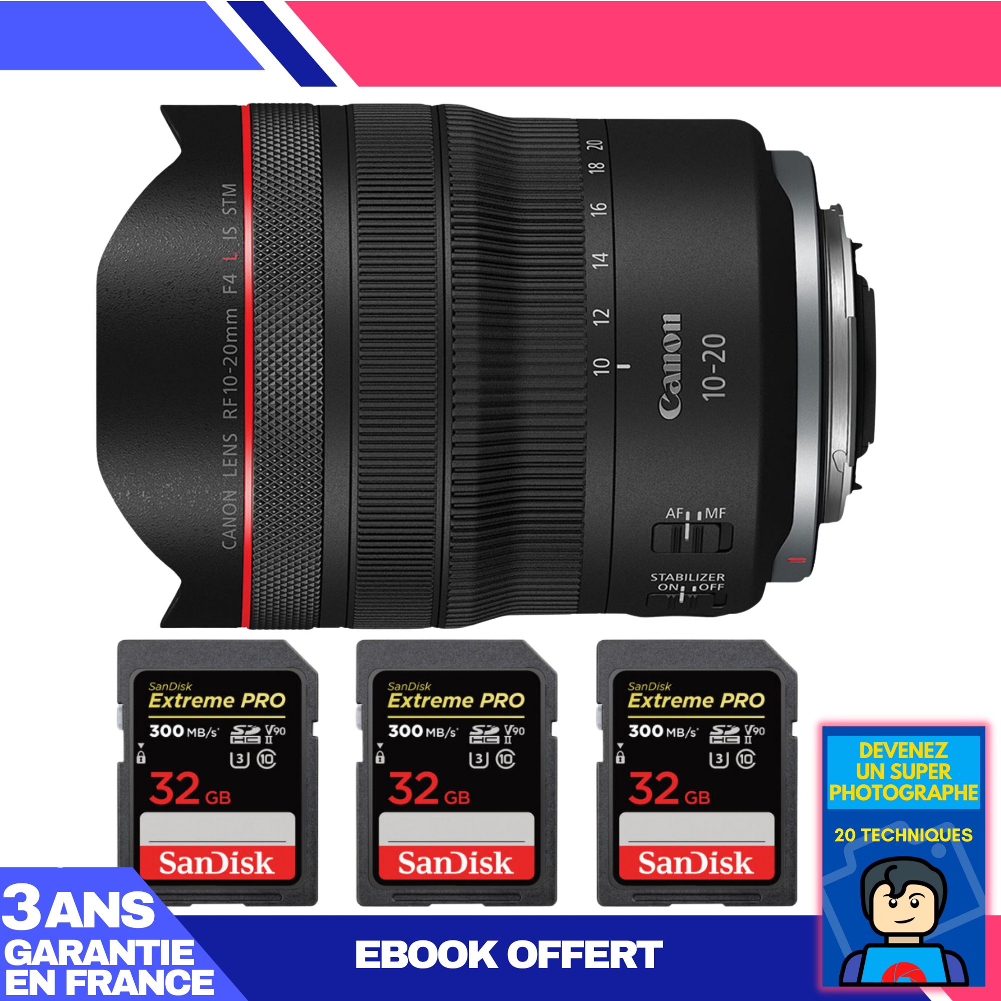 Canon RF 10-20mm f/4 L IS STM Lens + 3 SanDisk 32GB Extreme PRO UHS-II SDXC Cards (300MB/s) + Ebook 'Become a Super Photographer'