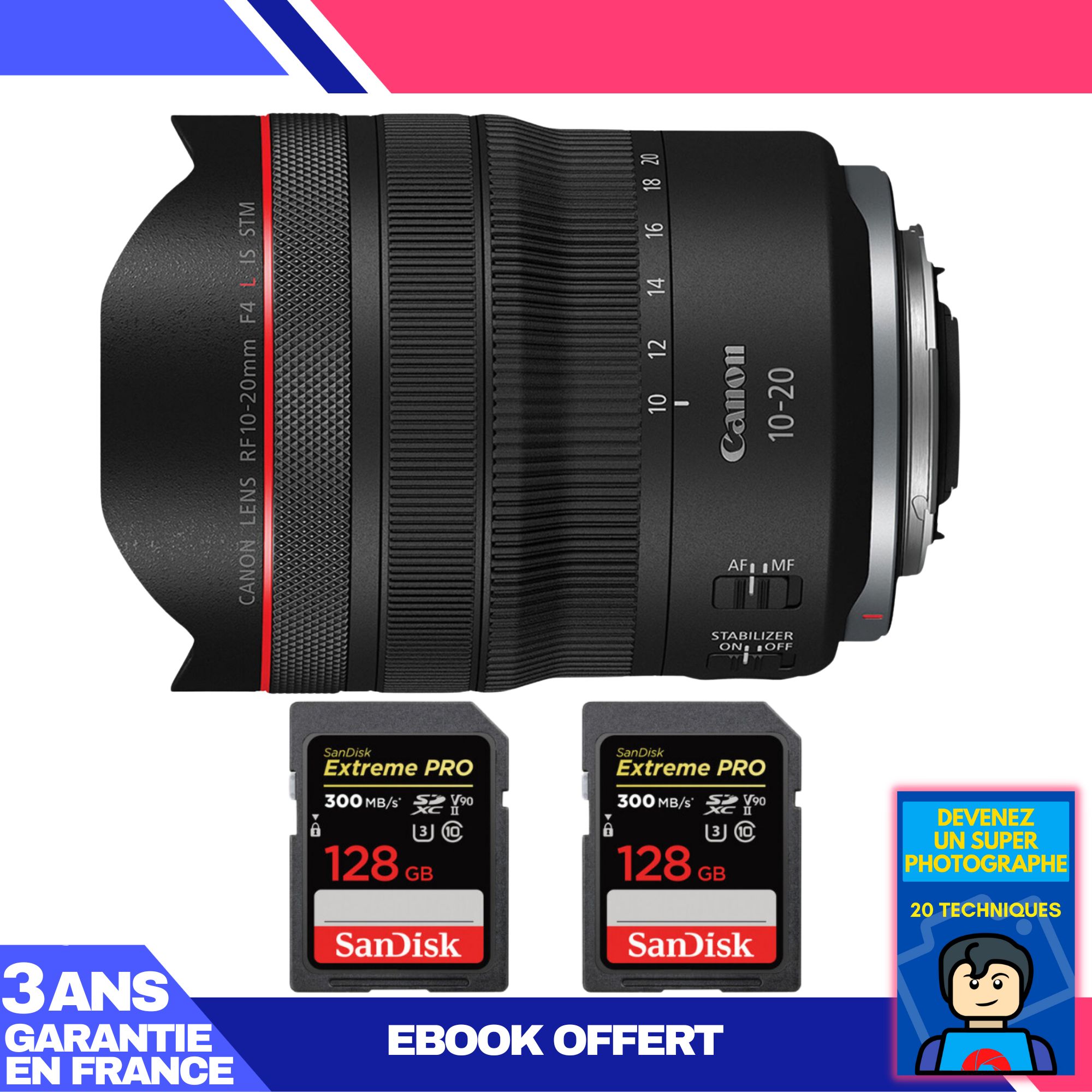 Canon RF 10-20mm f/4 L IS STM Lens + 2 SanDisk 128GB Extreme PRO UHS-II SDXC Cards + 'Become a Super Photographer' Ebook