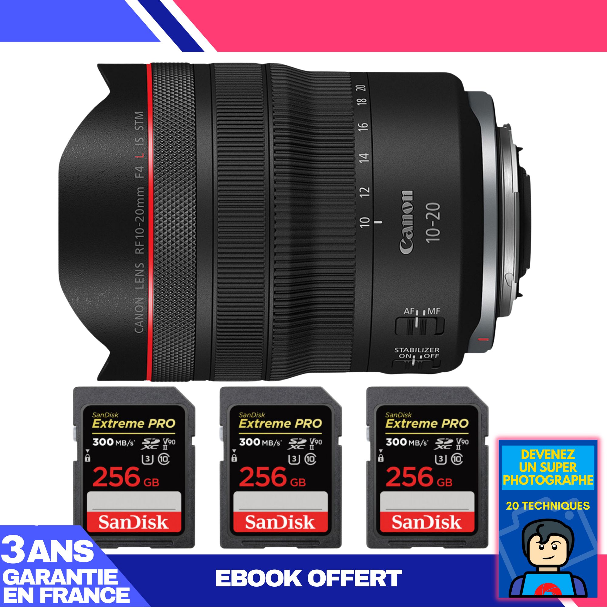Canon RF 10-20mm f/4 L IS STM Lens + 3 SanDisk 256GB Extreme PRO UHS-II SDXC Cards + Ebook: Become a Super Photographer