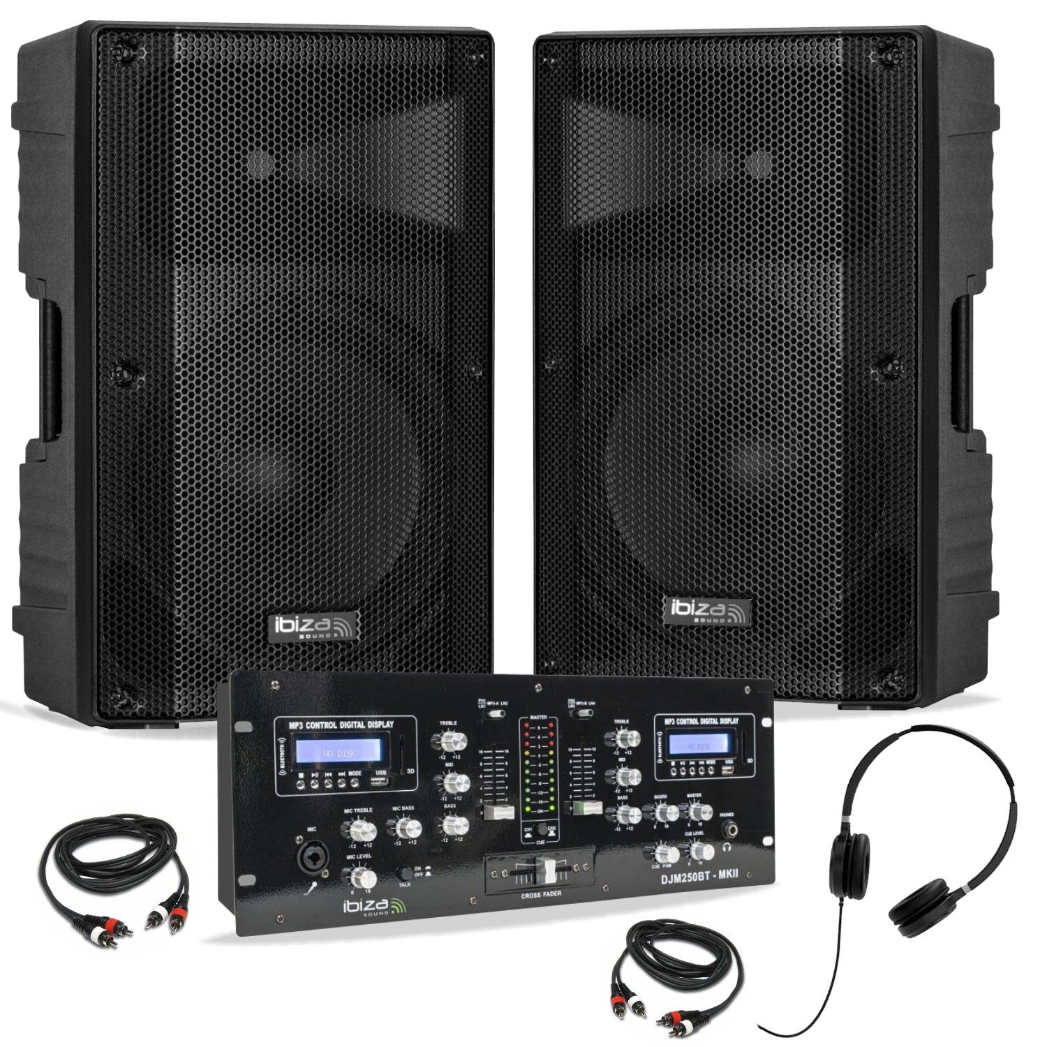 Ibiza Sound XTK15A-MKII Active Speakers Pack with DJM250BT-MKII Mixer - Bluetooth, USB, Headphones, Cables