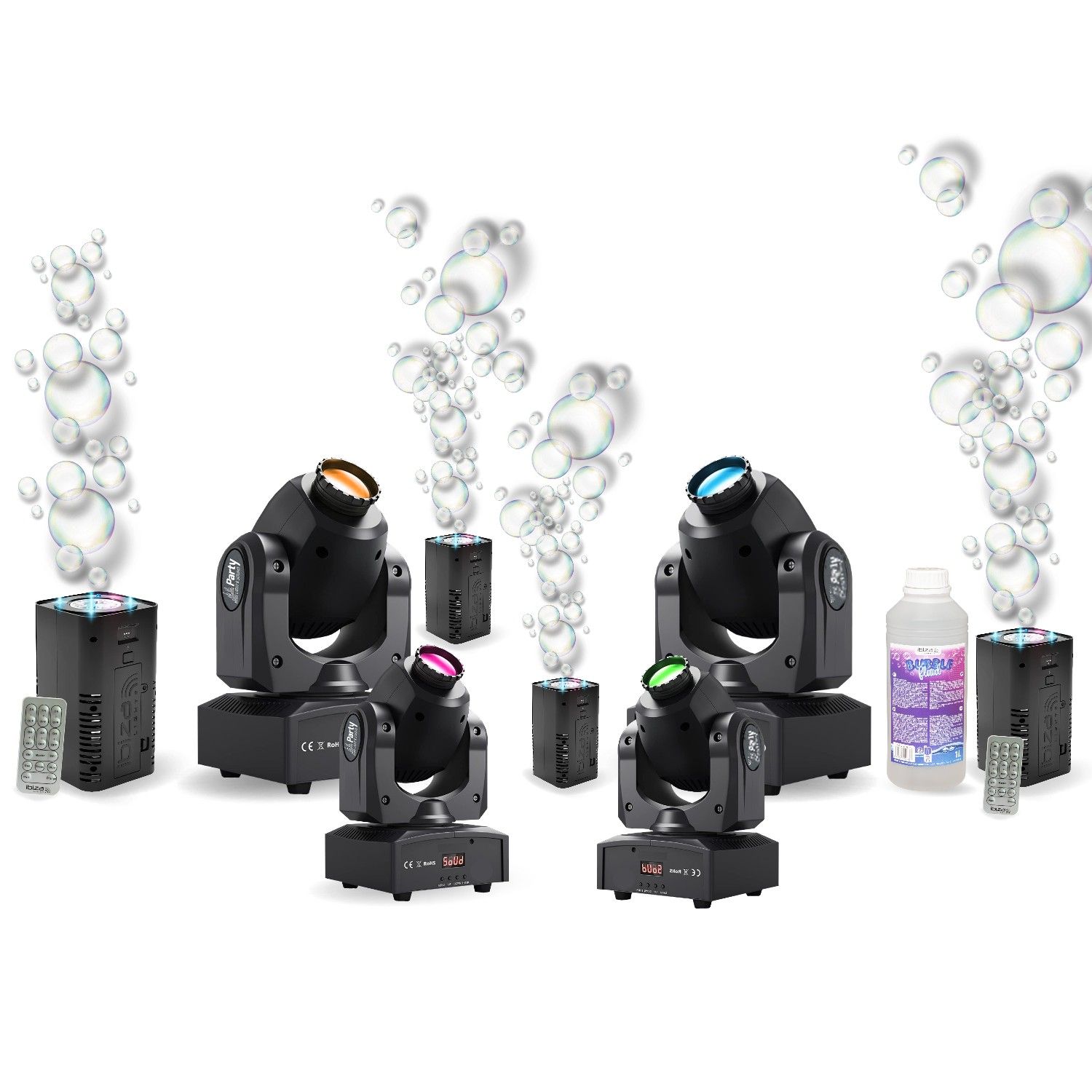 Pack de Iluminación Ibiza: 4 Luces LED PARTY-SPOT7 + 4 Máquinas de Burbujas para Eventos