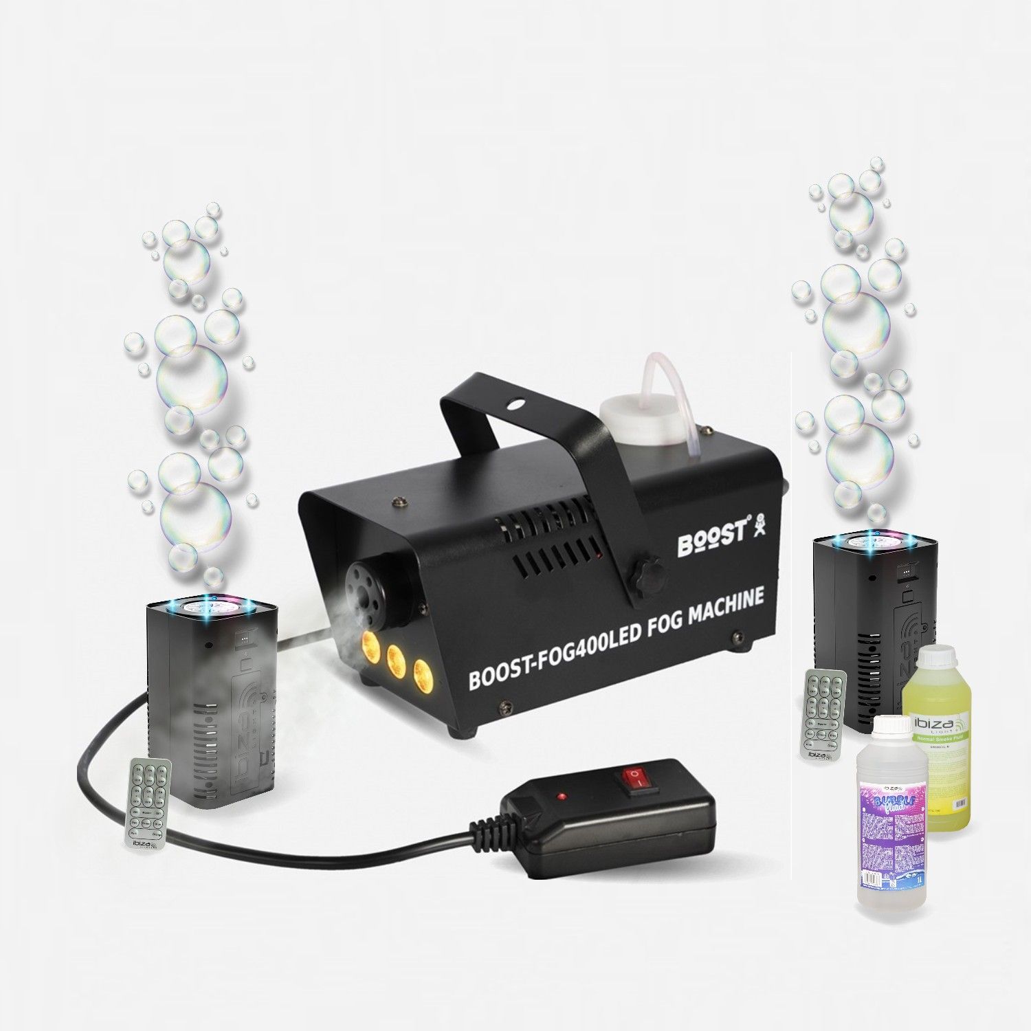 Máquina de humo LED Boost 400W FOG400LED-BK - 2 máquinas burbujas BUBBLE-DREAM con líquidos incluidos