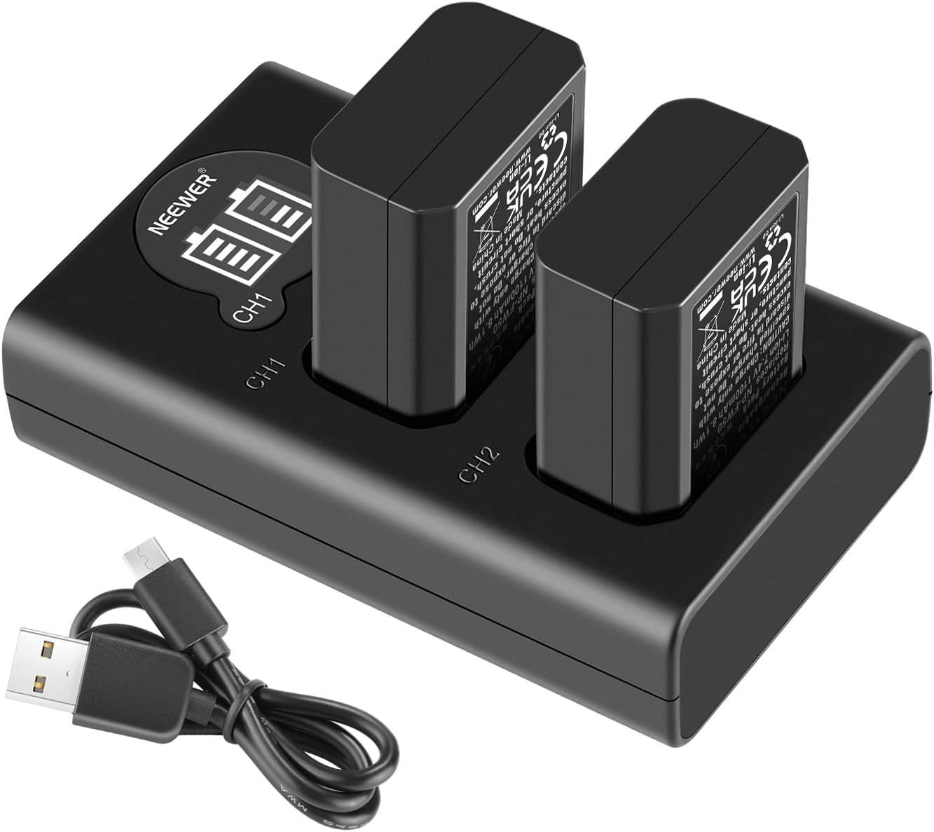 Neewer NP-FW50 Battery Charger for Sony Cameras (2 Batteries, Dual Micro USB and Type-C Charging)