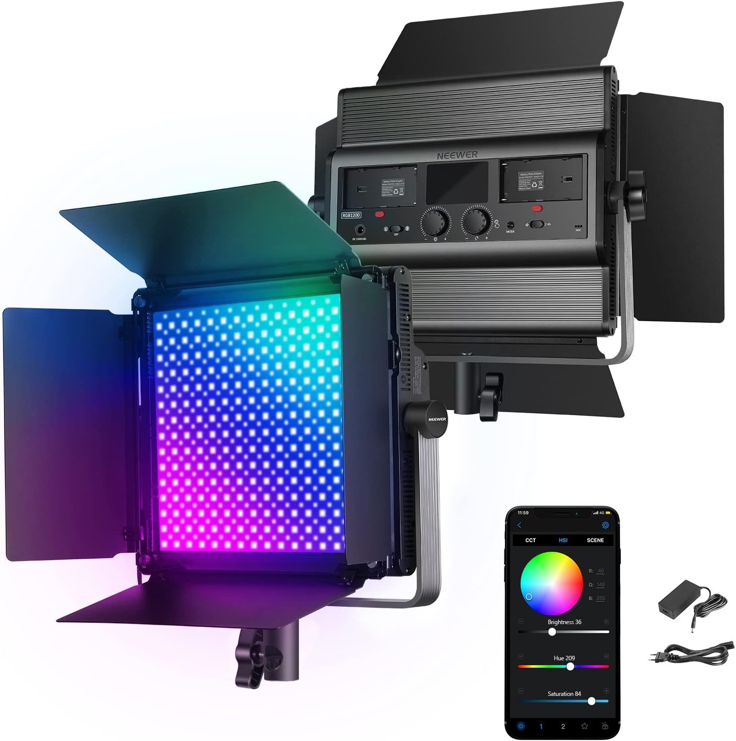 Panel de iluminación LED de video Neewer RGB1200 360°, luz de 60W con control App 2,4G, 22000 lux a 0,5m, gradación precisa del 1% min/18 efectos/2500K-8500K para zoom/fotografía