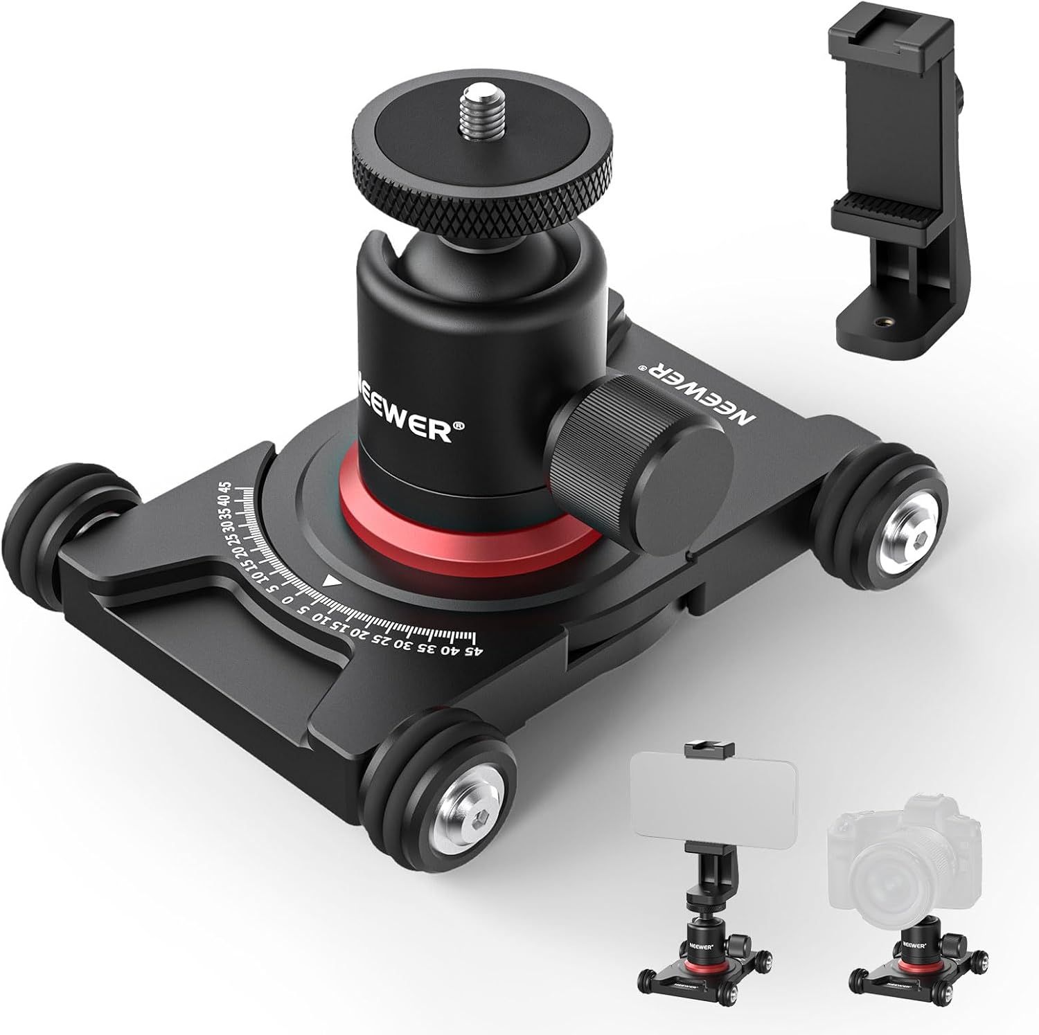 Soporte para cámara Neewer SD001 con cabezal y pinza para teléfono inteligente con rueda panorámica de 360° compatible con cámaras sin espejo, minicámaras, GoPro, iPhone y más.
