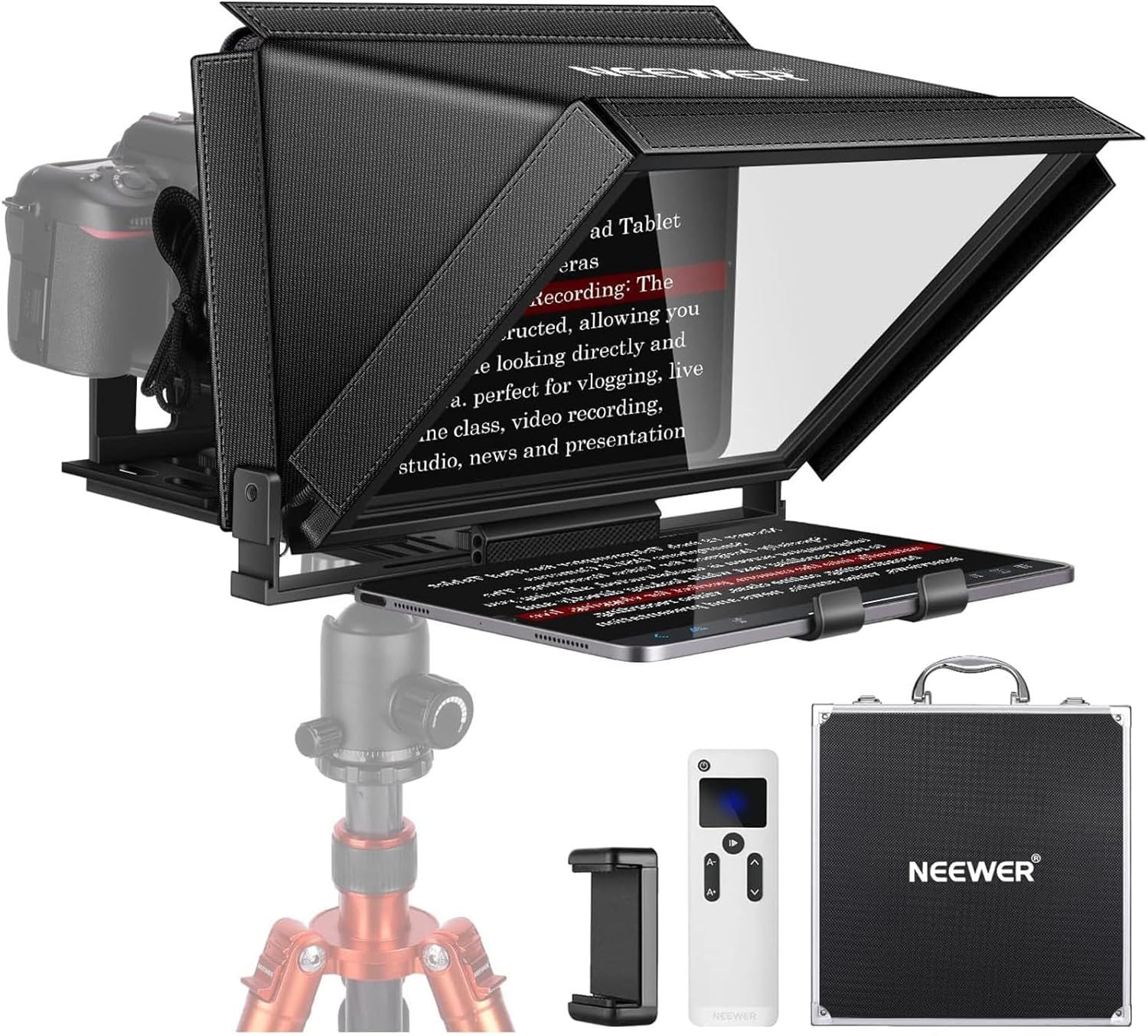 Teleprompetor Neewer X12 de aluminio de 14 pulgadas para iPad/tableta/teléfono/cámara DSLR con control remoto, estuche de transporte, compatible con la aplicación iOS/Android para enseñanza en línea/vlog/selfie en directo