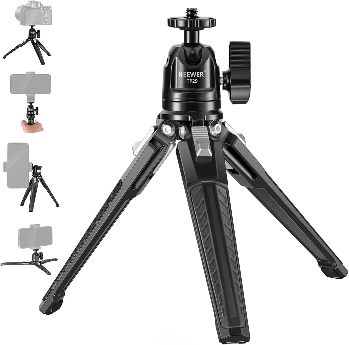 Tripode de mesa Neewer de metal con cabezal panorámico de 360°, mango para tiro vertical, tripode portátil de viaje con rosca 1/4'' para cámara, smartphone y acción cam, carga máxima 3 kg