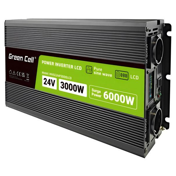 Green Cell PowerInverter LCD 24V 3000W/60000W Car Inverter with Display - Clean Sinus Auto Black Adapter