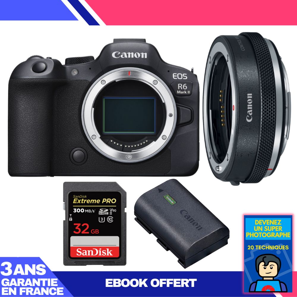 Canon EOS R6 Mark II Camera Kit with Canon EF-EOS R Adapter + SanDisk 32GB Card + Canon LP-E6NH Battery + 'Become a Super Photographer' Ebook