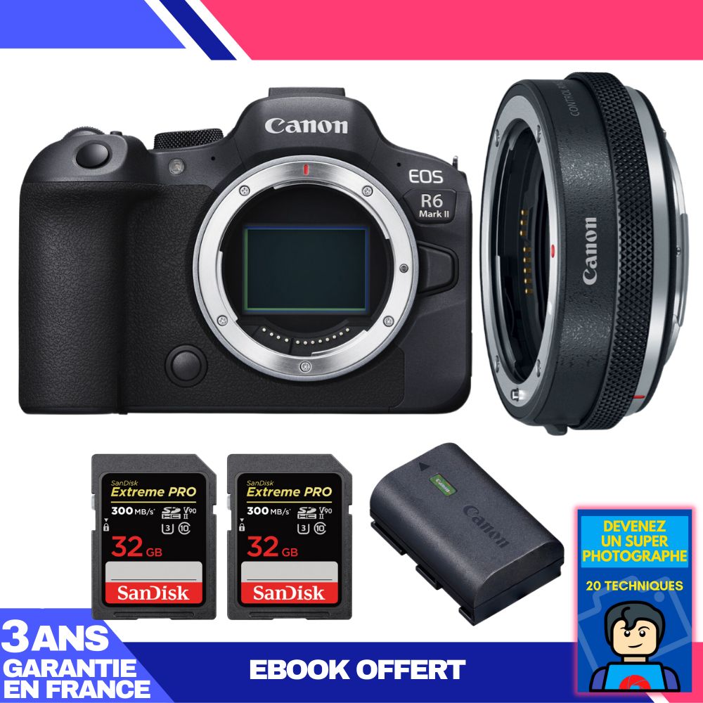 Canon EOS R6 Mark II Camera Kit with EF-EOS R Adapter + 2x SanDisk 32GB Extreme PRO SD Cards + LP-E6NH Battery + 'Become a Super Photographer' Ebook