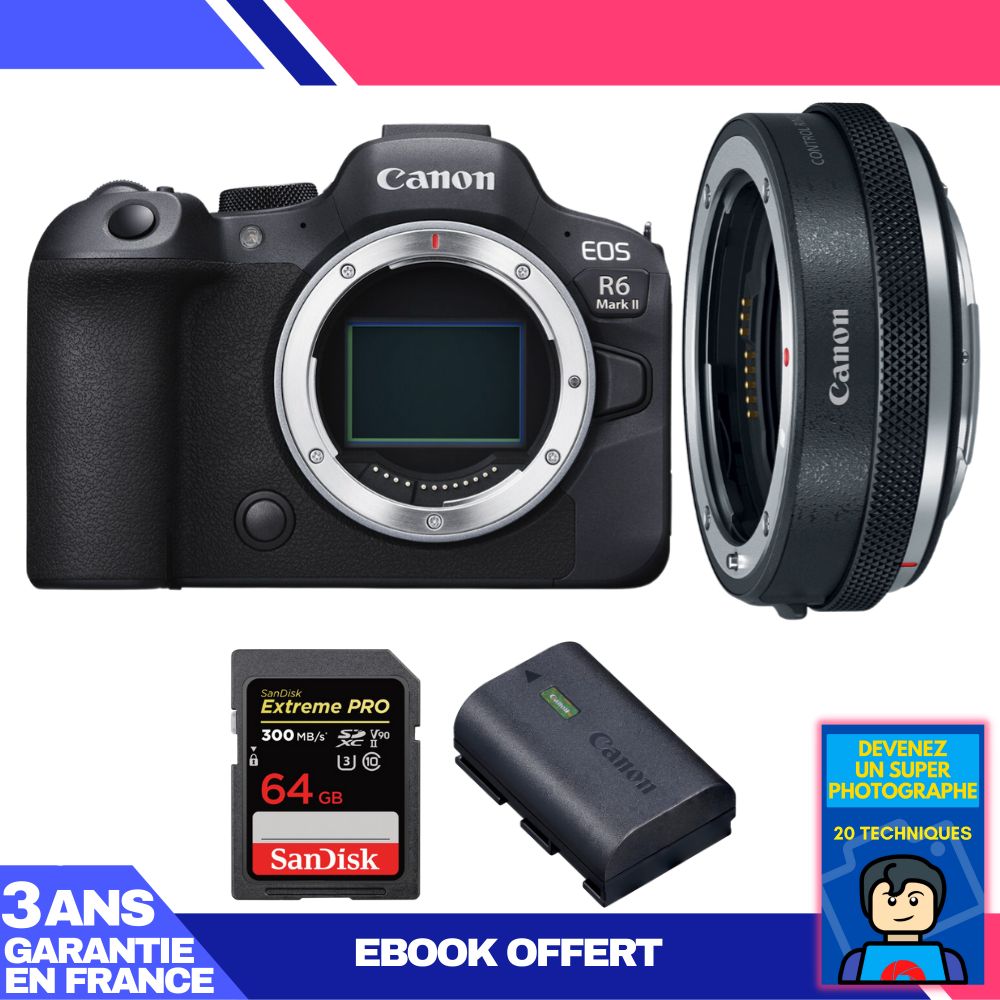 Canon EOS R6 Mark II Camera Kit with EF-EOS R Adapter + SanDisk 64GB Extreme PRO SD Card + LP-E6NH Battery + 'Become a Super Photographer' Ebook