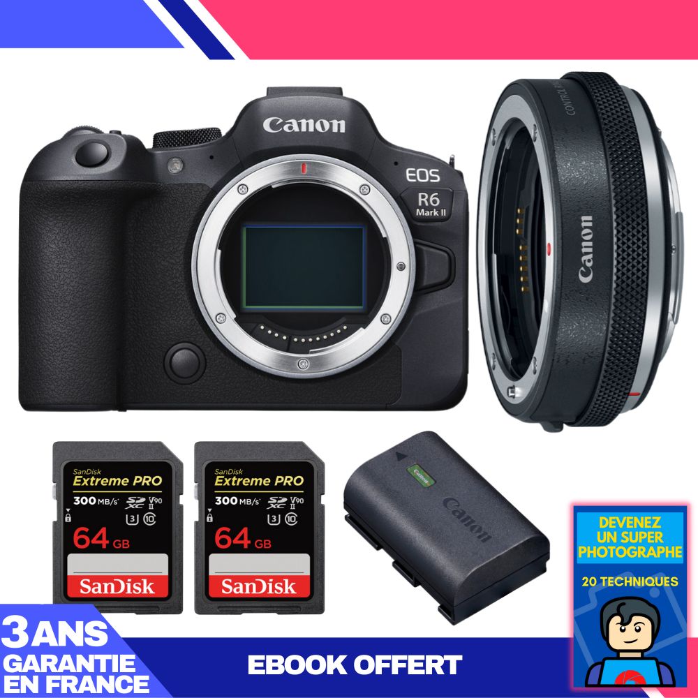 Canon EOS R6 Mark II Camera Kit with Canon EF-EOS R Adapter + SanDisk Memory Cards and Battery