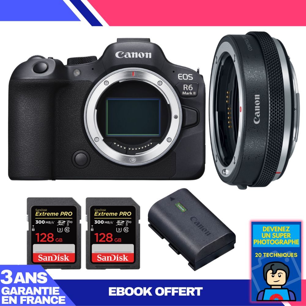 Canon EOS R6 Mark II Camera Kit with Canon EF-EOS R Adapter + 2 SanDisk 128GB Extreme PRO SD Cards + Canon LP-E6NH Battery + 'Become a Super Photographer' Ebook