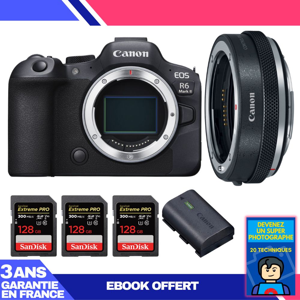 Canon EOS R6 Mark II Body + Canon EF-EOS R Adapter + 3 SanDisk 128GB Extreme PRO UHS-II SDXC Cards + 1 Canon LP-E6NH Battery + 'Become a Super Photographer' Ebook