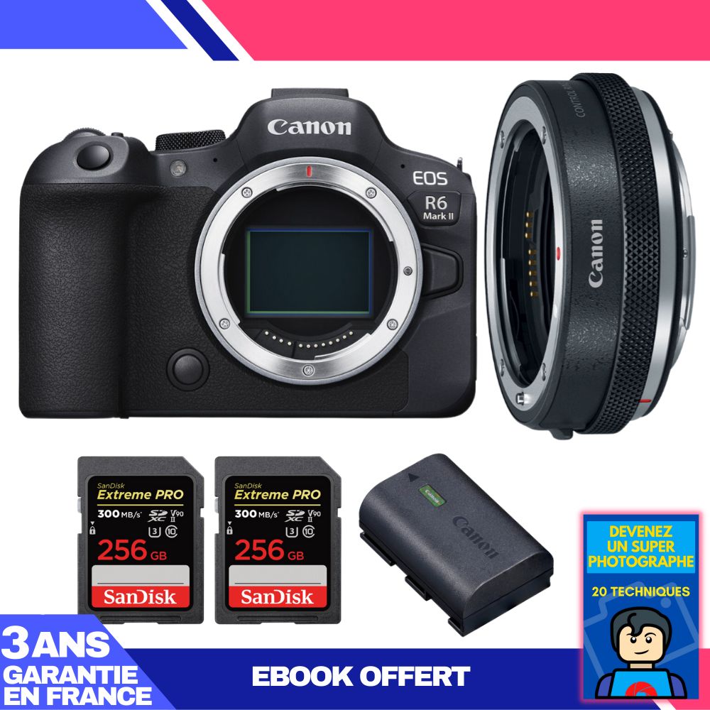 Canon EOS R6 Mark II Camera Body + Canon EF-EOS R Adapter + 2 SanDisk 256GB Extreme PRO UHS-II SDXC Cards + Canon LP-E6NH Battery + 'Become a Super Photographer' Ebook