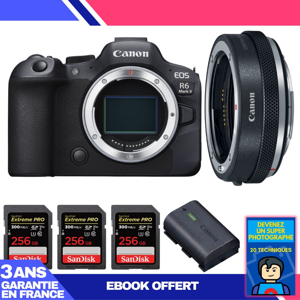 Canon EOS R6 Mark II Camera Kit with EF-EOS R Adapter + SanDisk Memory Cards and Battery