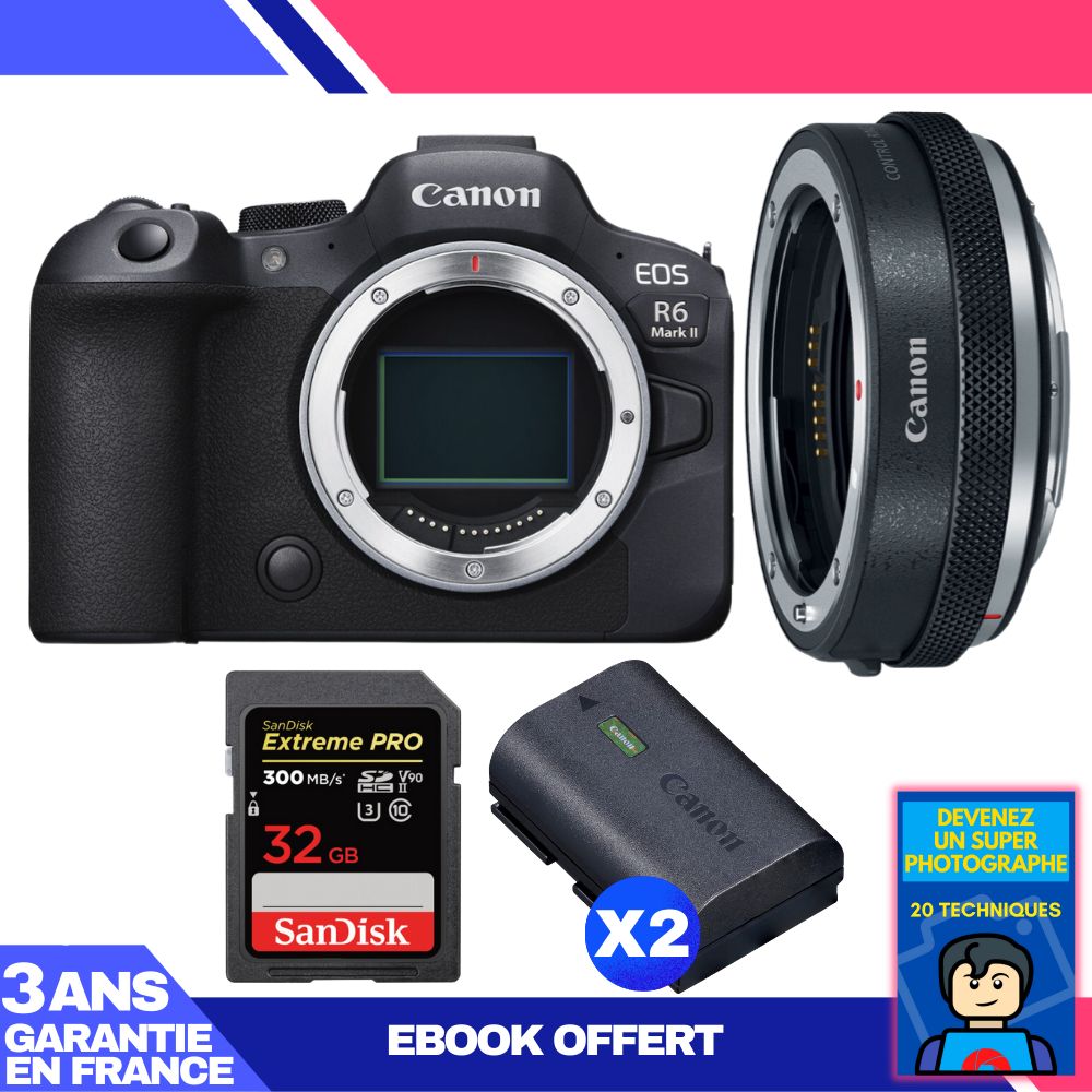 Canon EOS R6 Mark II Body + Canon EF-EOS R Adapter + 1 SanDisk 32GB Extreme PRO UHS-II SDXC Card + 2 Canon LP-E6NH Batteries + Ebook 'Become a Super Photographer'