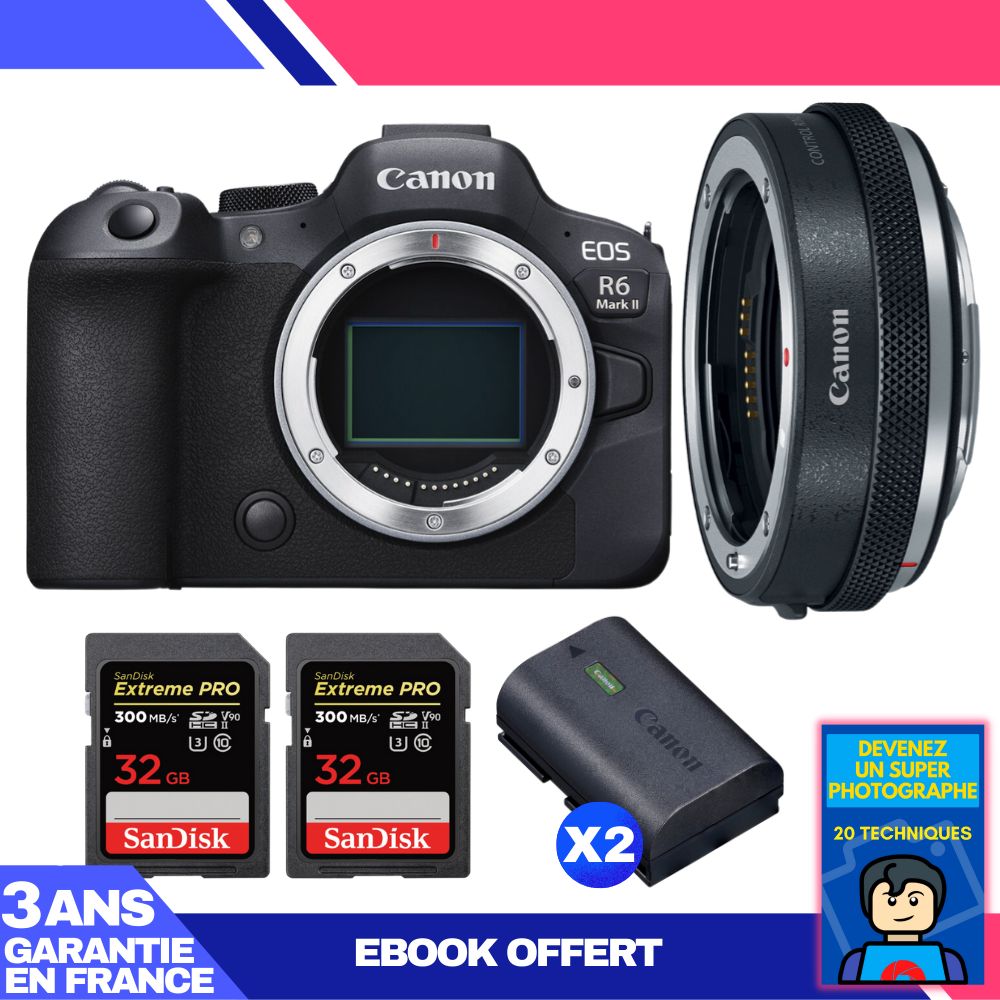 Canon EOS R6 Mark II Body + Canon EF-EOS R Adapter + 2 SanDisk 32GB Extreme PRO UHS-II SDXC Cards + 2 Canon LP-E6NH Batteries + 'Become a Super Photographer' Ebook