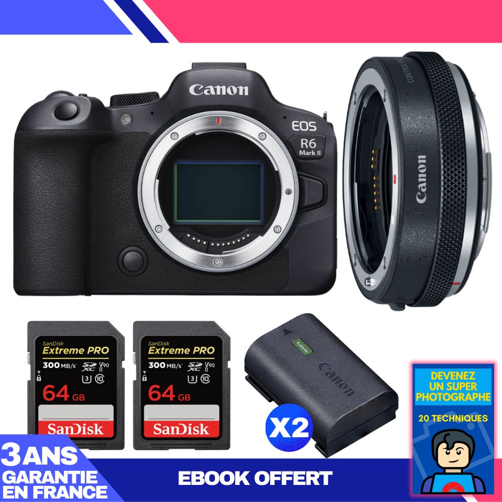 Canon EOS R6 Mark II Camera Kit with EF-EOS R Adapter + 2 SanDisk 64GB Extreme PRO SD Cards + 2 Canon LP-E6NH Batteries + 'Become a Super Photographer' Ebook