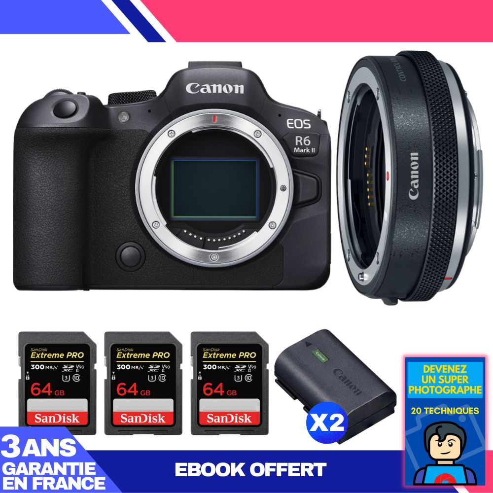 Canon EOS R6 Mark II Camera Kit with Canon EF-EOS R Adapter + 3 SanDisk 64GB Extreme PRO SD Cards + 2 Canon LP-E6NH Batteries + 'Become a Super Photographer' Ebook
