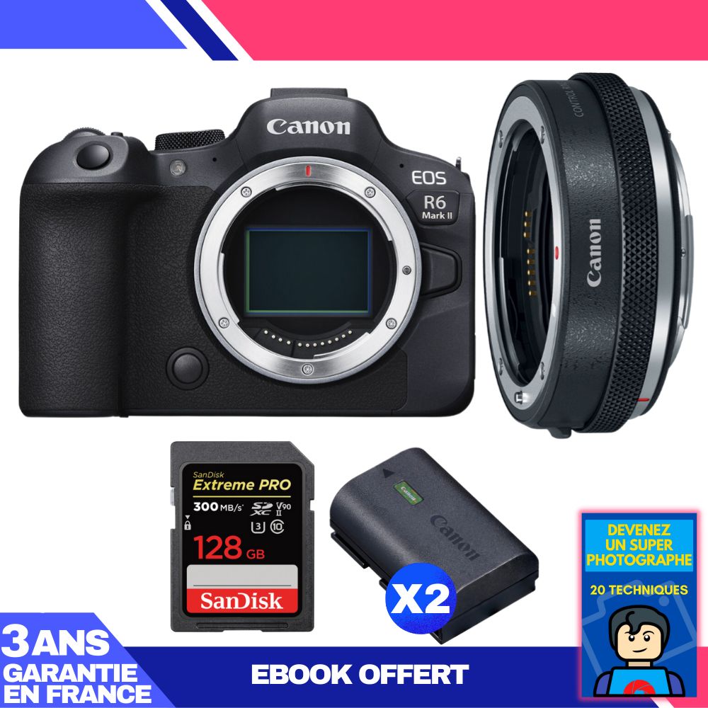 Canon EOS R6 Mark II Body + Canon EF-EOS R Adapter + 1 SanDisk 128GB Extreme PRO UHS-II SDXC Card + 2 Canon LP-E6NH Batteries + 'Become a Super Photographer' Ebook