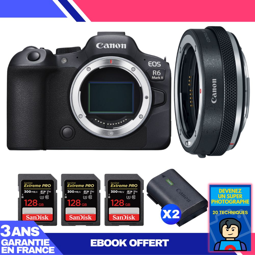 Canon EOS R6 Mark II Body + Canon EF-EOS R Adapter + 3 SanDisk 128GB Extreme PRO UHS-II SDXC Cards + 2 Canon LP-E6NH Batteries + 'Become a Super Photographer' Ebook