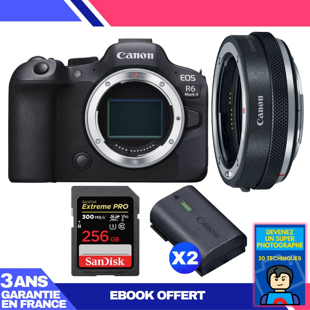 Canon EOS R6 Mark II Camera Body + Canon EF-EOS R Adapter + 2x SanDisk 256GB Extreme PRO UHS-II SDXC Memory Cards + 2x Canon LP-E6NH Batteries + Ebook: Become a Super Photographer