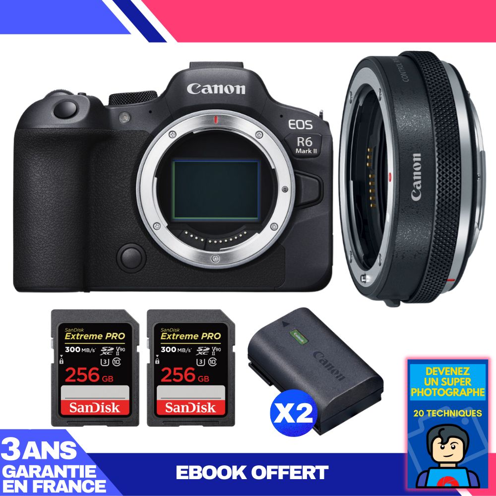Canon EOS R6 Mark II Body + Canon EF-EOS R Adapter + 2 SanDisk 256GB Extreme PRO UHS-II SDXC Cards + 2 Canon LP-E6NH Batteries + 'Become a Super Photographer' Ebook