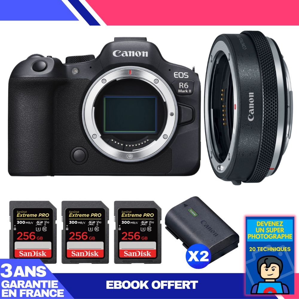 Canon EOS R6 Mark II Camera Kit with EF-EOS R Adapter + SanDisk Extreme PRO SD Cards and Batteries