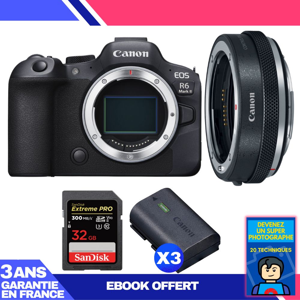 Canon EOS R6 Mark II Camera Body + Canon EF-EOS R Adapter + 1 SanDisk 32GB Extreme PRO UHS-II SDXC Card + 3 Canon LP-E6NH Batteries + 'Become a Super Photographer' Ebook