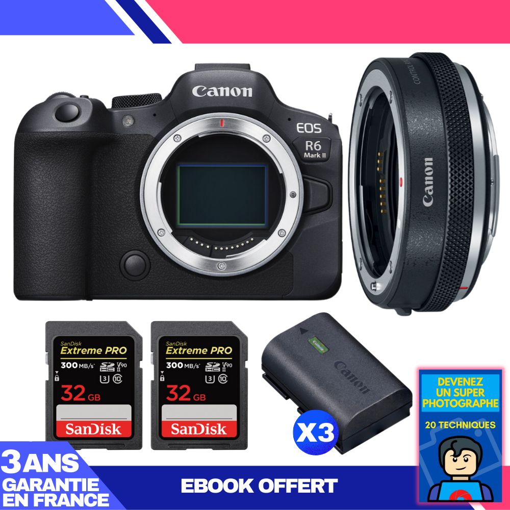 Canon EOS R6 Mark II Camera Kit with EF-EOS R Adapter + SanDisk Memory Cards and Batteries