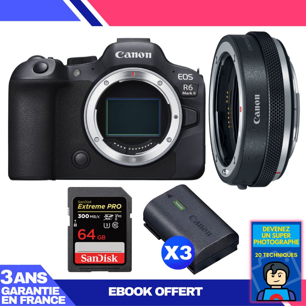 Canon EOS R6 Mark II Camera Kit with Canon EF-EOS R Adapter + SanDisk 64GB Extreme PRO SD Card + 3 Batteries + Ebook