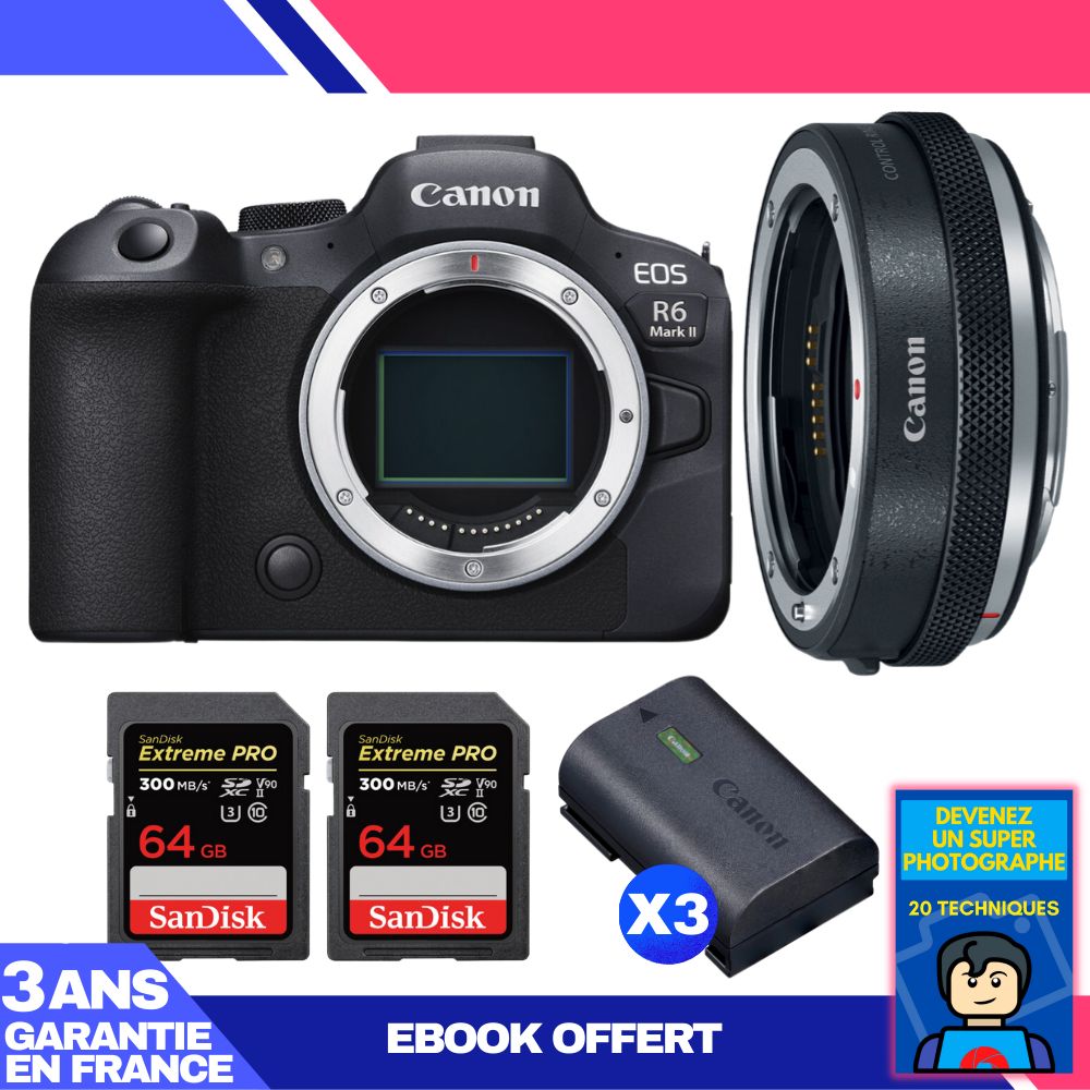 Canon EOS R6 Mark II Camera Kit with EF-EOS R Adapter + 2x SanDisk 64GB Extreme PRO SD Cards + 3x Canon LP-E6NH Batteries + 'Become a Super Photographer' Ebook