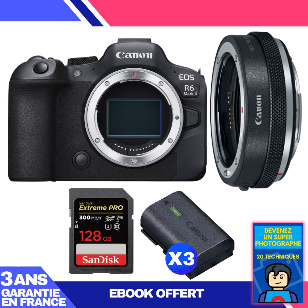 Canon EOS R6 Mark II Camera Kit with EF-EOS R Adapter + 128GB SD Card + Batteries and Ebook