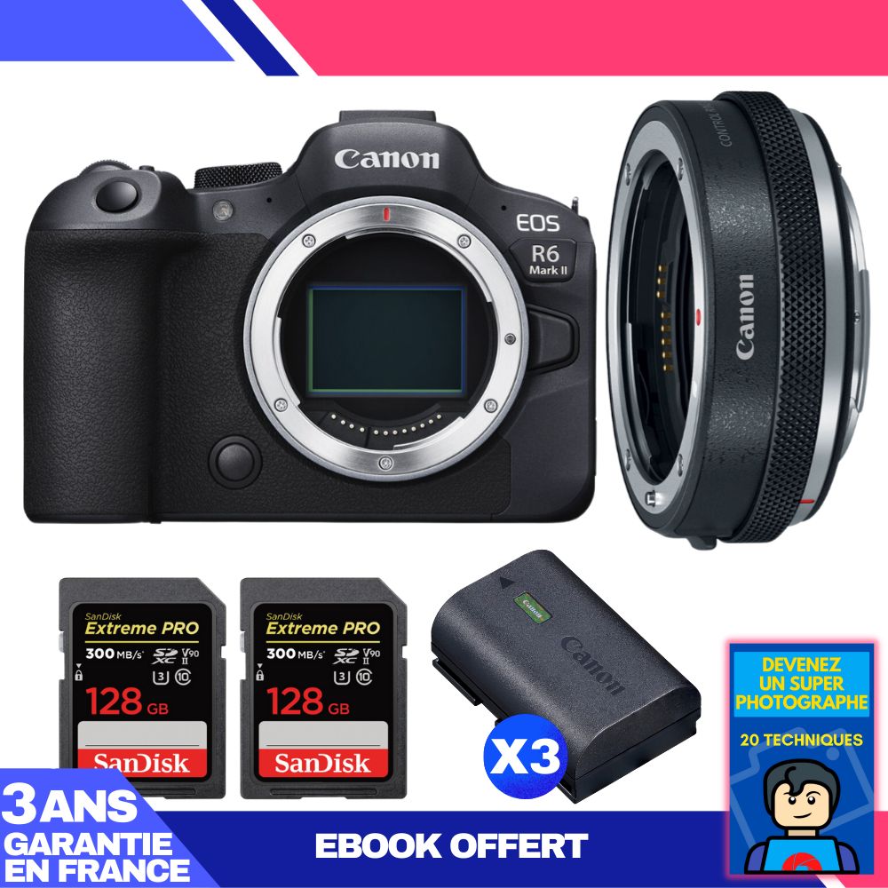 Canon EOS R6 Mark II Camera Kit with EF-EOS R Adapter + SanDisk Memory Cards and Batteries