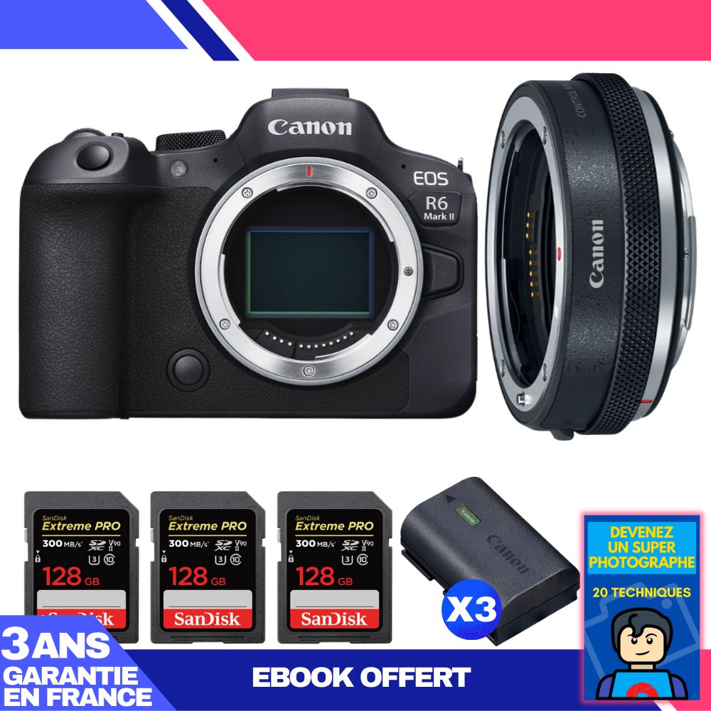 Canon EOS R6 Mark II Camera Kit with EF-EOS R Adapter + 3 SanDisk 128GB Extreme PRO SD Cards + 3 Canon LP-E6NH Batteries + Ebook