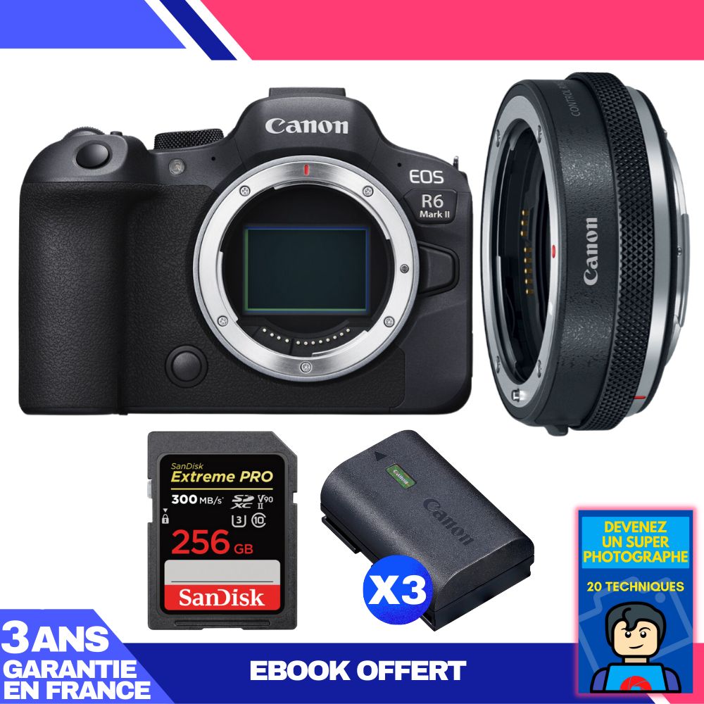 Canon EOS R6 Mark II Camera Kit with EF-EOS R Adapter + 256GB SanDisk Extreme PRO SD Card (300MB/s) + 3 LP-E6NH Batteries + 'Become a Super Photographer' Ebook